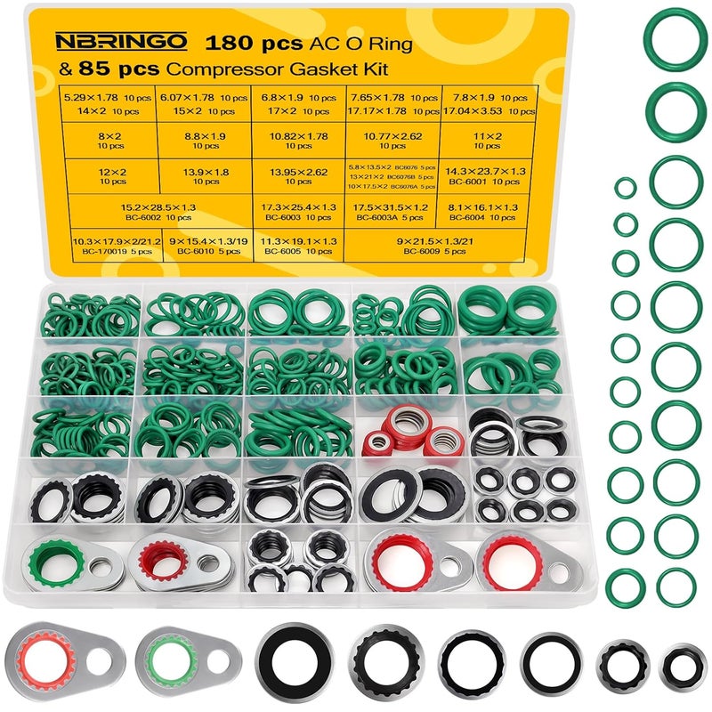 NBRINGO 265 Pcs AC O Ring & Gasket Seal Kit for R134a - Durable A/C Compressor Port Seal Washer Kit with Line Seals, Bonded Washers, Condenser & Hose Gaskets for Long-Lasting Performance - Image 1